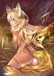  animal_ears ass back covering covering_breasts fox_ears fox_girl fox_tail from_behind highres kitsune kneeling long_hair looking_at_viewer looking_back nude orange_eyes original samu_(a117216) smile solo tail tattoo very_long_hair wavy_hair wheat wheat_field 