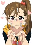  1girl blush brown_hair cum cum_on_body cum_on_hair cum_on_hand cum_on_upper_body futami_mami heart heart-shaped_pupils hearts idolmaster jacket kagemusha ponytail reaching_out symbol-shaped_pupils 