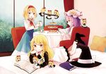  alice_margatroid ascot black_dress blonde_hair blue_dress blue_eyes book bow braid capelet chair cookie crescent cup dress food hair_bow hairband hat hat_removed headwear_removed indoors kirisame_marisa long_sleeves lying mob_cap mozukuzu_(manukedori) multiple_girls on_stomach open_book open_mouth patchouli_knowledge pillow purple_eyes purple_hair reading shanghai_doll single_braid sitting smile table teacup teapot tiered_tray touhou wide_sleeves witch_hat yellow_eyes 