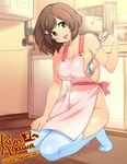  :d agawa_ryou apron artist_name breasts brown_eyes brown_hair cleavage flower hair_ornament hairclip housewife kitchen kneeling ladle large_breasts naked_apron open_mouth sideboob smile solo thighhighs 