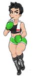 black_hair boots boxing_gloves breasts cross-laced_footwear drink drinking_straw eyebrows genderswap genderswap_(mtf) inkerton-kun lace-up_boots little_mac midriff punch-out!! short_hair short_shorts shorts small_breasts solo sports_bra super_smash_bros. thick_eyebrows thick_thighs thighs 