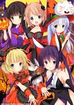  5girls :d animal_ears anko_(gochiusa) artist_name azuma_yuki bare_shoulders blonde_hair blue_eyes blue_hair blush broom brown_hair bunny bunny_ears circle_name dated demon_horns demon_tail dress gochuumon_wa_usagi_desu_ka? green_eyes hair_ornament hairband hairclip halloween hat highres holding horns hoto_cocoa japanese_clothes kafuu_chino kimono kirima_sharo lolita_hairband long_hair looking_at_viewer md5_mismatch mini_hat mini_top_hat multiple_girls necktie number open_mouth outstretched_arms pumpkin purple_eyes purple_hair short_sleeves skull_hair_ornament smile sparkle star star_print striped striped_neckwear tail tedeza_rize tippy_(gochiusa) top_hat twintails ujimatsu_chiya witch_hat wrist_cuffs x_hair_ornament 