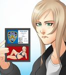  aya_brea bikini blonde_hair fox_mulder green_eyes greenmarine grin lips long_hair looking_at_viewer lying nose one_eye_closed parasite_eve parody photo police police_badge resting serious signature smile swimsuit the_simpsons x-files 