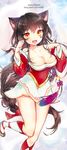  :d ahri animal_ears breasts brown_hair cleavage collarbone detached_sleeves dress fang fox_ears joypyonn large_breasts league_of_legends long_hair looking_at_viewer open_mouth orange_eyes paw_pose smile solo very_long_hair watermark web_address 