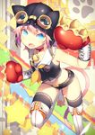  :d animal_hat bad_id bad_pixiv_id belt black_serafuku blue_eyes blush boots boxing_gloves buckle cat_hat cat_tail choker emblem fang goggles goggles_on_headwear hat highres katou_itsuwa knee_boots leg_up looking_at_viewer midriff navel neckerchief open_mouth original paw_print pink_hair running school_uniform serafuku shirt short_hair short_shorts shorts sleeveless sleeveless_shirt slit_pupils smile solo star tail thighhighs v-shaped_eyebrows white_footwear 