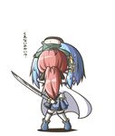  aoblue blue_hair chibi chibi_on_head highres mahou_shoujo_madoka_magica miki_sayaka multiple_girls on_head person_on_head red_hair ribbon sakura_kyouko short_hair translated 