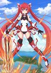 :| absurdly_long_hair antenna_hair armor bangs bare_shoulders black_gloves black_legwear blurry blush boots bracer closed_mouth cloud day depth_of_field elbow_gloves eyebrows_visible_through_hair faulds fire flaming_sword flat_chest floating full_body genderswap genderswap_(mtf) gloves gorget gradient_hair greaves hair_between_eyes headgear highres holding holding_weapon kazenokaze legs_apart leotard long_hair looking_at_viewer magical_girl mecha_musume multicolored_hair orange_hair ore_twintail_ni_narimasu outdoors purple_eyes red_eyes red_hair serious sky solo sword tailred thighhighs thrusters turtleneck twintails v-shaped_eyebrows vambraces very_long_hair water weapon 