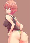  ass ass_focus blush breasts free! from_behind genderswap genderswap_(mtf) large_breasts looking_back memeo_(candy_house) open_mouth panties pink_hair polka_dot polka_dot_panties purple_eyes shigino_kisumi short_hair smile solo tank_top thong underwear 