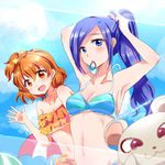  :3 :d adjusting_hair aono_miki armpits bikini blue_eyes blue_hair blush breasts brown_eyes brown_hair fresh_precure! looking_at_viewer mobuko_(akita_komachi) mouth_hold multiple_girls open_mouth photobomb ponytail precure short_hair small_breasts smile swimsuit tart_(fresh_precure!) yamabuki_inori 