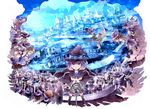  animal_ears blonde_hair blue_hair brown_hair building commentary dancing dragon dress flying frills glasses hat hat_ribbon hoshino_kawauso long_hair multiple_girls original ponytail purple_eyes purple_hair ribbon short_hair sigging sparkle thighhighs wand western_dragon witch witch_hat 
