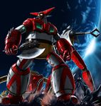  axe back-to-back corpse damaged earth epic getter-1 getter-2 getter-3 getter_robo highres mecha monster moon no_humans oldschool rust science_fiction shin_getter_robo space super_robot weapon 