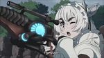  1boy 1girl animated animated_gif blood chaika_trabant dress gun hair_ribbon hitsugi_no_chaika long_hair lowres magic_circle ribbon rifle subtitled tooru_acura toru_acura weapon white_dress white_hair 