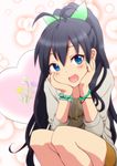  ;d black_hair blue_eyes bracelet fang flower ganaha_hibiki hands_on_own_cheeks hands_on_own_face highres idolmaster idolmaster_(classic) jewelry kotaro long_hair necklace one_eye_closed open_mouth ponytail smile solo squatting 