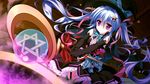  1girl blue_hair bow dress elbow_gloves game_cg gloves hair_ornament hat long_hair luluna magical_marriage_lunatics!! moonstone purple_eyes ribbon ribbons staff twintails witch_hat yamakaze_ran 