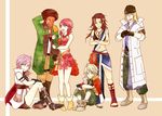  3girls 4boys afro arm_hug bandanna everyone final_fantasy final_fantasy_xiii hope_estheim lightning_farron multiple_boys multiple_girls oerba_dia_vanille oerba_yun_fang sash sazh_katzroy snow_villiers 