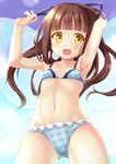  armpits arms_up bikini blue_bikini blush brown_hair collarbone fairy fairy_wings flat_chest hair_ribbon long_hair looking_at_viewer navel niiya open_mouth ribbon solo star_sapphire swimsuit touhou wings yellow_eyes 