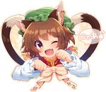  ;d animal_ears blush brown_hair cat_ears cat_tail chen fang hat heart heart-shaped_pupils jewelry looking_at_viewer multiple_tails nekomata one_eye_closed open_mouth paw_pose red_eyes short_hair single_earring smile solo symbol-shaped_pupils tail touhou translated transparent_background usamata 