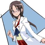  1girl :o brown_eyes brown_hair character_request eyelashes gacchahero glasses happinesscharge_precure! jindaiji_mami labcoat long_hair long_sleeves looking_at_viewer neckerchief parted_lips precure purple-framed_glasses red_skirt sailor_collar school_uniform serafuku shirt simple_background sketch skirt solo twintails white_shirt 