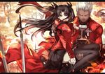  1girl archer armor black_legwear blue_eyes carrying closed_eyes command_spell dark_skin fate/stay_night fate_(series) hair_ribbon highres jewelry long_hair long_legs pendant ribbon saberiii short_hair skirt sword thighhighs toosaka_rin two_side_up unlimited_blade_works weapon white_hair zettai_ryouiki 