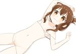  absurdres bikini blush brown_eyes brown_hair folded_ponytail highres inazuma_(kantai_collection) kantai_collection long_hair lying micro_bikini muku_(muku-coffee) navel on_back solo swimsuit tears white_bikini 