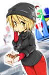  adapted_costume beanie blonde_hair blush breasts contemporary crescent eating food harusame_(unmei_no_ikasumi) hat lunasa_prismriver mittens pants ribbed_sweater short_hair small_breasts solo sweater sweatpants takoyaki touhou 