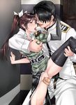  1girl admiral_(kantai_collection) black_legwear blush breast_grab brown_hair censored clothed_sex elbow_gloves eye_contact french_kiss gloves grabbing hair_ribbon hetero kantai_collection kiss leg_up long_hair looking_at_another military military_uniform no_panties pelvic_curtain penis pussy remodel_(kantai_collection) ribbon saliva saliva_trail serakoutarou sex single_elbow_glove single_thighhigh skirt thighhighs tone_(kantai_collection) twintails uniform vaginal white_ribbon yellow_eyes 