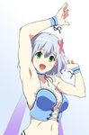  amagi_brilliant_park armpits arms_up blue_hair blush breasts dress flower gradient gradient_background green_eyes hair_flower hair_ornament large_breasts muse_(amaburi) navel official_style open_mouth short_hair simple_background smile solo strap_gap strapless strapless_dress wrist_cuffs yoshiki360 
