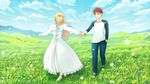  1girl :d artoria_pendragon_(all) bad_id bad_pixiv_id barefoot brown_eyes cloud cloudy_sky commentary day dress emiya_shirou fate/stay_night fate_(series) fateline_alpha field flower full_body grass green_eyes hand_in_pocket landscape long_hair long_sleeves looking_back open_mouth outdoors pants red_hair saber shoes sky smile sneakers white_dress 