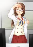  1girl ;o arakawa_tarou brown_eyes brown_hair buttons character_request cowboy_shot emblem eyelashes glasses happinesscharge_precure! indoors jindaiji_mami labcoat long_hair looking_at_viewer one_eye_closed pleated_skirt precure red_skirt sailor_collar school_uniform serafuku shirt skirt solo standing table twintails undressing 