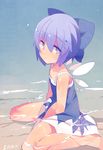  bare_arms bare_legs bare_shoulders barefoot beach blue_dress blue_eyes blue_hair bow cirno dress fuukadia_(narcolepsy) hair_bow ice ice_wings in_water looking_at_viewer partially_submerged sitting sleeveless sleeveless_dress solo touhou wariza water wings 