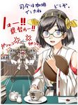  &gt;_&lt; abo_(hechouchou) ahoge anger_vein angry black_hair blush book brown_hair closed_eyes cup desk detached_sleeves glasses green-framed_eyewear hairband headgear jealous kantai_collection kirishima_(kantai_collection) kongou_(kantai_collection) letter long_hair multiple_girls nontraditional_miko open_mouth partially_translated purple_eyes saucer short_hair smile tears thighhighs translation_request 
