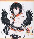  bag bird_wings black_hair blush breasts cleavage feather_fan feathers finger_to_mouth grin handbag hat large_breasts looking_at_viewer microskirt midriff navel nipple_slip nipples okiraku_nikku orange_eyes panties pointy_ears pom_pom_(clothes) shameimaru_aya shikishi short_hair skirt smile solo thighhighs tokin_hat touhou traditional_media underwear wings wrist_cuffs 