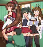  3girls artist_self-insert ass bad_id bad_pixiv_id banned_artist bare_shoulders black_panties blue_eyes boots breasts brown_hair commentary_request detached_sleeves double_bun green_eyes green_hair hands_on_hips head_on_butt hetero highres japanese_clothes jewelry kantai_collection kongou_(kantai_collection) large_breasts long_hair miniskirt multiple_girls nontraditional_miko panties red_eyes ring shin'en-san shin'en_(gyokuro_company) skirt striped striped_panties thigh_boots thighhighs twintails underwear wedding_band yamato_(kantai_collection) zettai_ryouiki zuikaku_(kantai_collection) 