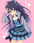  black_hair blue_eyes fuyuichi ganaha_hibiki idolmaster idolmaster_(classic) jacket long_hair ponytail smile solo tongue 