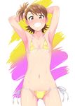  armpits arms_up bikini blush brown_eyes brown_hair collarbone cowboy_shot flat_chest futami_ami grin highres idolmaster idolmaster_(classic) looking_at_viewer navel short_hair side-tie_bikini side_ponytail smile solo swimsuit tsurui yellow_bikini 