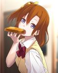  blue_eyes bow butter eating food hair_bow head_tilt highres kousaka_honoka looking_at_viewer love_live! love_live!_school_idol_project nanaku_teiru one_side_up open_mouth orange_hair otonokizaka_school_uniform revision school_uniform short_hair solo sweater_vest toast upper_body 