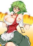  alcohol alternate_costume aoi_manabu beer beer_mug bespectacled blush breasts cleavage cup dirndl german_clothes glasses green_hair holding holding_cup kazami_yuuka large_breasts looking_at_viewer oktoberfest open_mouth pantylines red-framed_eyewear red_eyes semi-rimless_eyewear short_hair skirt smile solo touhou under-rim_eyewear underbust 