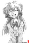  :d blush bow closed_eyes gekkan_shoujo_nozaki-kun gofu greyscale hair_bow jacket long_hair long_sleeves monochrome open_mouth polka_dot polka_dot_bow rouman_academy_uniform sakura_chiyo school_uniform simple_background smile solo spot_color watermark web_address white_background 