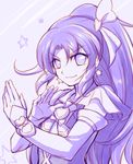  arakawa_tarou cure_fortune detached_sleeves earrings eyelashes hair_ornament happinesscharge_precure! happy heart heart_hair_ornament highres hikawa_iona jewelry long_hair looking_at_viewer magical_girl monochrome precure purple purple_eyes purple_hair shirt smile solo vest wide_ponytail 
