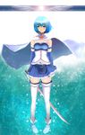  armband belt blue_eyes blue_hair cape cuts full_body gloves hair_ornament hairclip highres injury magical_girl mahou_shoujo_madoka_magica mahou_shoujo_madoka_magica_movie miki_sayaka short_hair smile solo soul_gem standing sword takemaru08 tears thighhighs weapon white_legwear zettai_ryouiki 