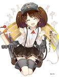  :d ^_^ amagai_tarou artist_name black_legwear blush brown_hair cable clenched_hands closed_eyes hands_up happy highres kantai_collection kneehighs magatama open_mouth ryuujou_(kantai_collection) scroll short_hair skirt smile solo sparkle suspenders twintails visor_cap 