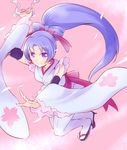  anmitsu_komachi arakawa_tarou back_bow bow bow_by_hair cure_fortune detached_sleeves earrings eyelashes hair_ornament hair_ribbon happinesscharge_precure! happy highres hikawa_iona japanese_clothes jewelry kimono long_hair looking_at_viewer magical_girl ponytail precure purple_eyes purple_hair ribbon smile solo wide_ponytail 