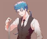  blue_hair earrings fang fate/hollow_ataraxia fate_(series) gae_bolg jewelry lancer long_hair male_focus necktie ponytail solo sujin vest waistcoat waiter 