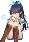  2014 animal black_hair boots earrings ganaha_hibiki grin hamster hamuzou happy_birthday idolmaster idolmaster_(classic) jewelry long_hair mofu one_eye_closed ponytail smile solo v 