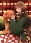  :o arano_oki bell blush brown_eyes brown_hair checkered checkered_scarf checkered_skirt eye_contact futatsuiwa_mamizou futatsuiwa_mamizou_(human) glasses hair_bell hair_ornament hug leaf_hair_ornament long_hair looking_at_another motoori_kosuzu multiple_girls open_mouth orange_hair red_eyes round_eyewear scarf short_hair skirt touhou tsurime very_long_hair wide_sleeves yuri 