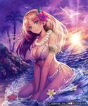  1girl beach bikini blush bow breasts brown_hair chains cleavage fangs flower green_eyes hair_flower hair_ornament highres jewelry large_breasts long_hair looking_at_viewer necklace pale_skin seagull seagulls shingeki_no_bahamut smile solo sunlight sunset swimsuit tropical vampire white 