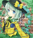  blue_eyes blue_flower blue_rose blush bow flower green_hair hand_to_own_mouth harukaruha hat hat_bow heart heart-shaped_pupils heart_of_string komeiji_koishi rose sash solo symbol-shaped_pupils touhou wide_sleeves 