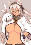  animal_ears bell between_breasts blazblue breasts brown_hair candy cat_ears cat_tail chupa_chups commentary cosplay covered_nipples dark_skin food glasses gloves hand_on_hip headgear jingle_bell kantai_collection kokonoe kokonoe_(cosplay) large_breasts lollipop long_hair mouth_hold multiple_tails musashi_(kantai_collection) open_fly paw_pose pointy_hair red_eyes ro-ga_(kurumaya) short_hair solo tail underboob unzipped 