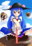  blouse blue_hair blush boots bow bowtie cloud crossed_legs day food fruit full_body hands_on_hilt hands_together hat highres hinanawi_tenshi indian_style kameyan keystone long_hair peach pillar red_eyes rope shimenawa sitting skirt sky smile solo sword_of_hisou touhou 