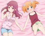  bad_id bad_pixiv_id barefoot bed_sheet blonde_hair blush breasts camisole flower foreshortening gobou_1000 green_eyes hair_flower hair_ornament holding_hands lace lying medium_breasts multiple_girls on_back open_mouth playing_with_own_hair purple_eyes purple_hair sakura_trick shorts sleeveless smile soles sonoda_yuu takayama_haruka toes twintails yuri 